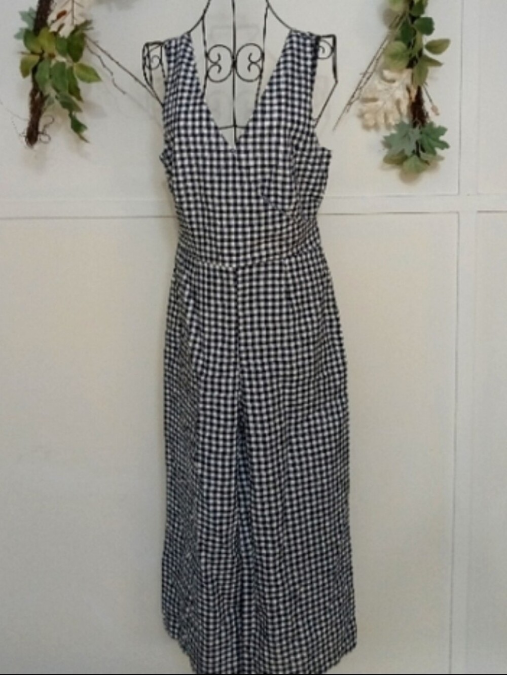 Banana Republic Sleeveless Black White Gingham Linen Plaid Wide Leg Jumpsuit XS